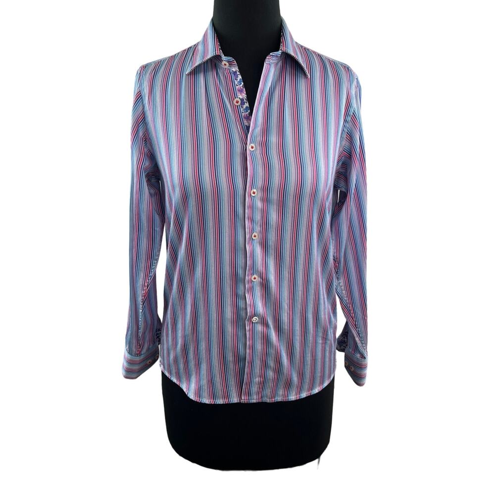 Robert Graham Multi Top Cotton Striped Collared Long Sleeve Button-Up Size 14/16
